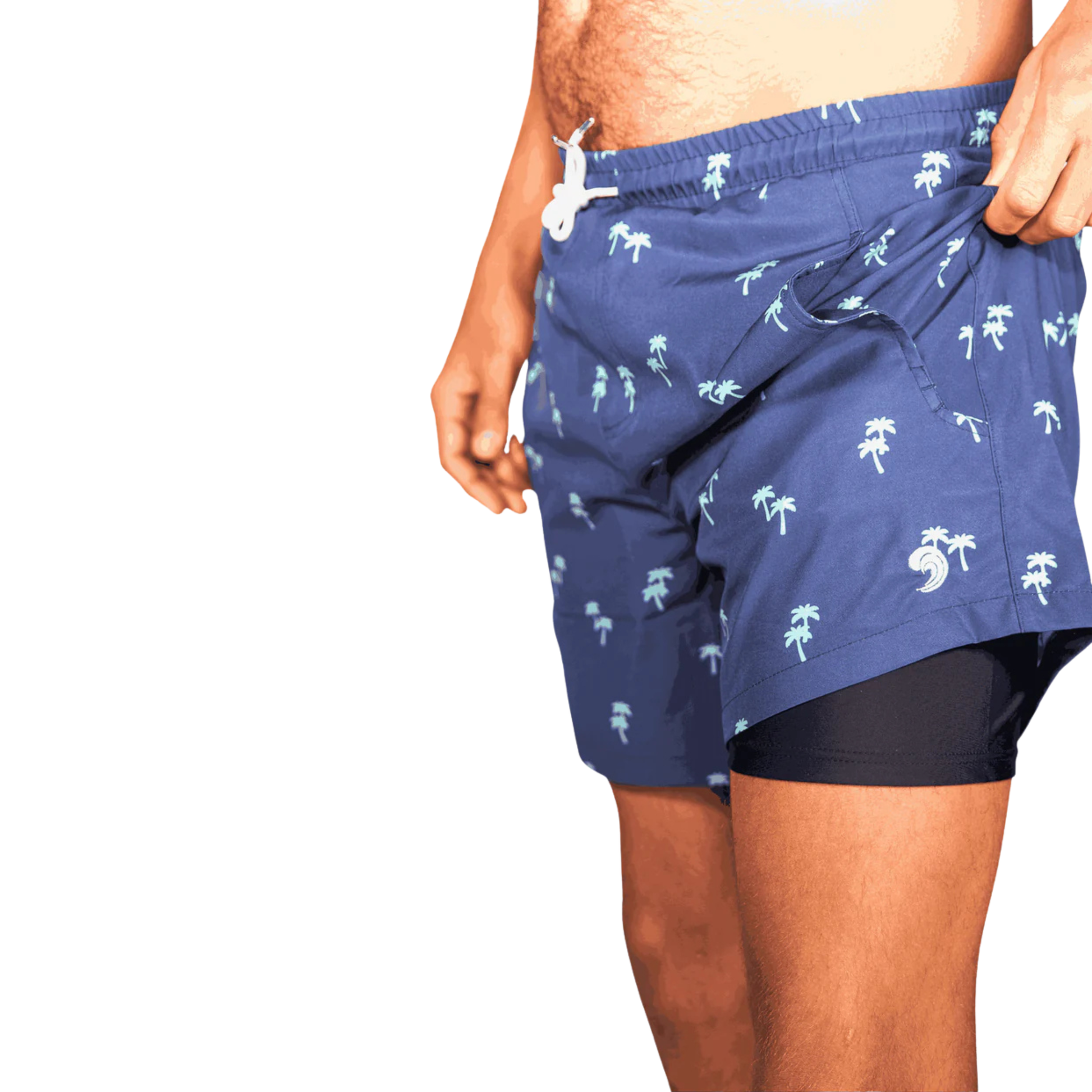 Men's navy swim shorts with green palm print, side pocket opening detail