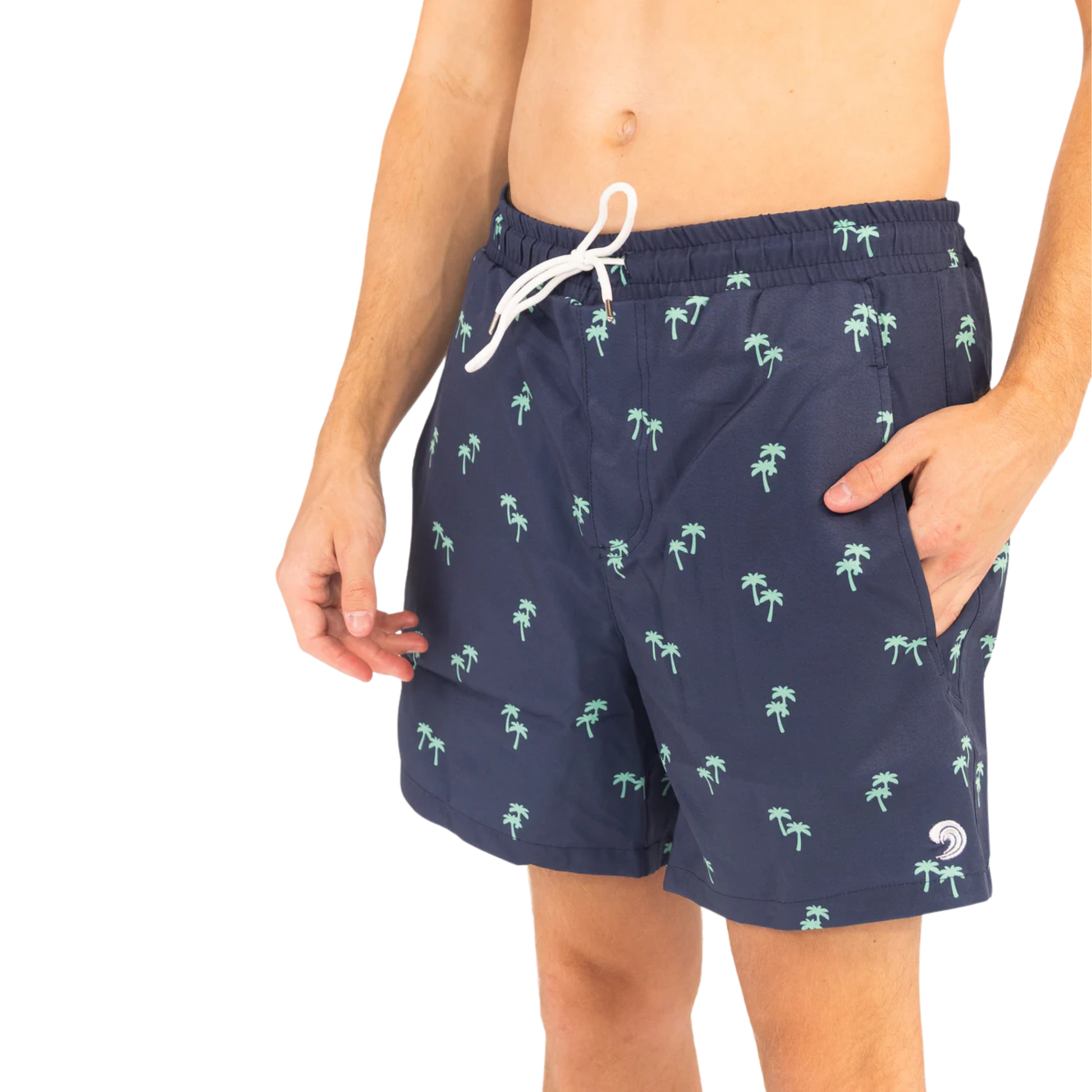 Men's navy swim shorts with green palm print, elastic waistband and drawstring
