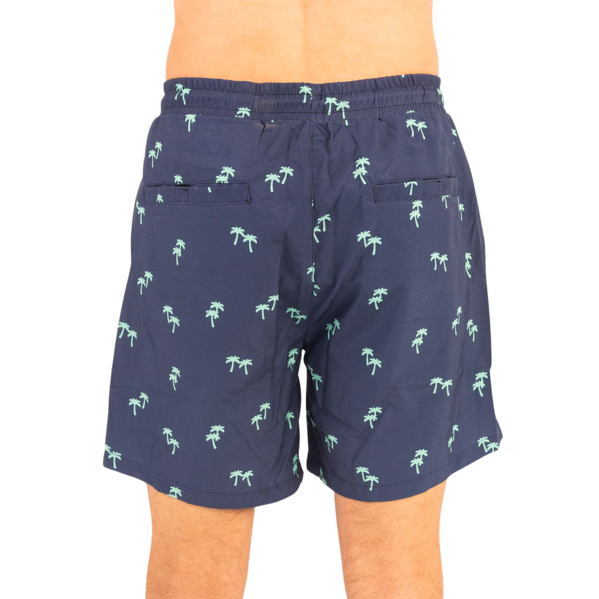 Men's navy swim shorts with green palm print, side pockets and elastic waistband