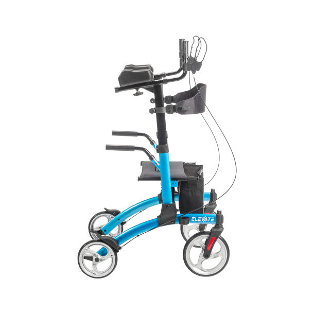 Blue upright walker with elevating headrest, padded seat, and front caster wheels