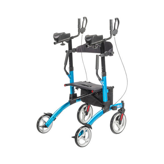 Blue upright rollator walker with wide seat, back support, two arm supports, storage bag