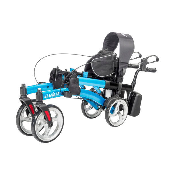 Blue upright walker with high backrest, arm handles, and large rear wheel