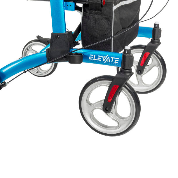 Blue upright walker wheel detail with gray frame, red reflectors, and foldable support