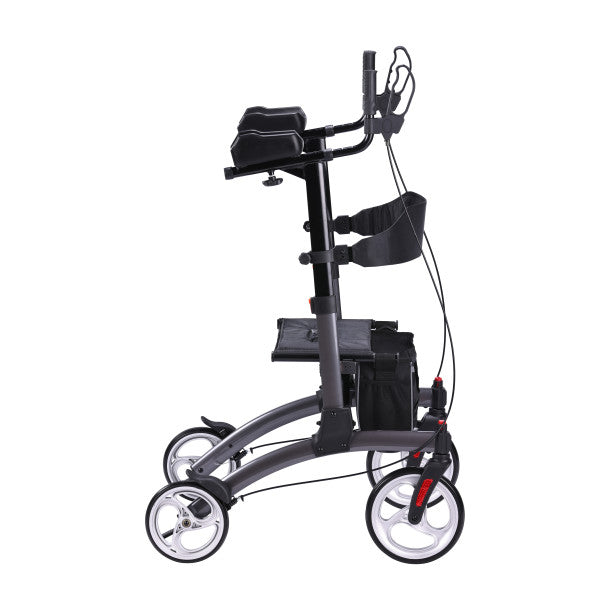 Upright walker angled view with front armrests, wheels, and carry pouch