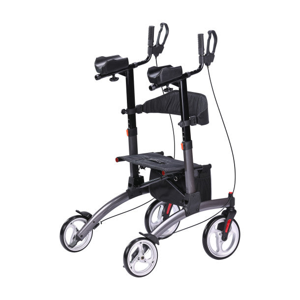 Upright mobility walker with front handle grips, wheeled base, and seat