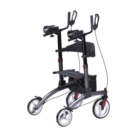 Upright mobility walker with front handle grips, wheeled base, and seat