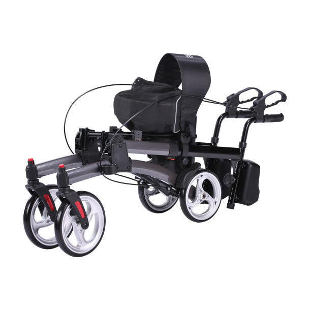 Upright walker side view with padded seat, arm support, and storage bag