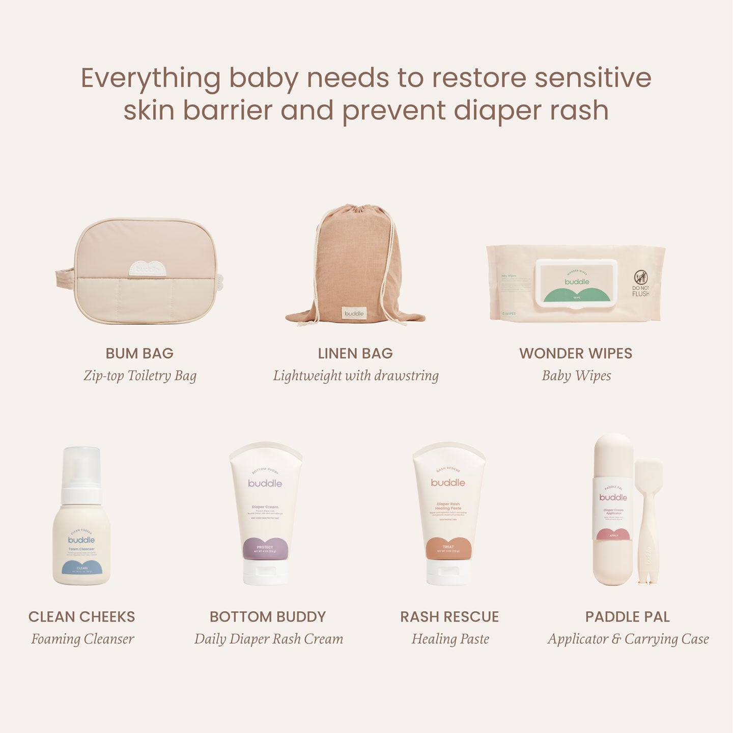Diaper skincare kit items: zip pouch, drawstring bag, baby wipes, creams, and applicator case