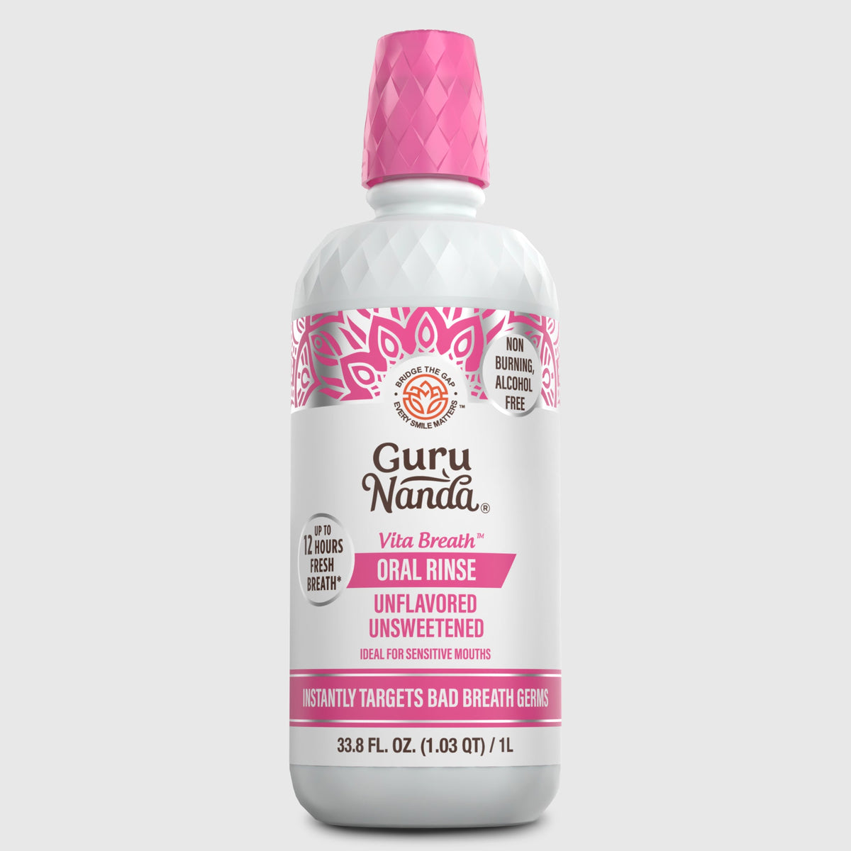 Unflavored unsweetened oral rinse bottle, 1L, with pink cap and white label