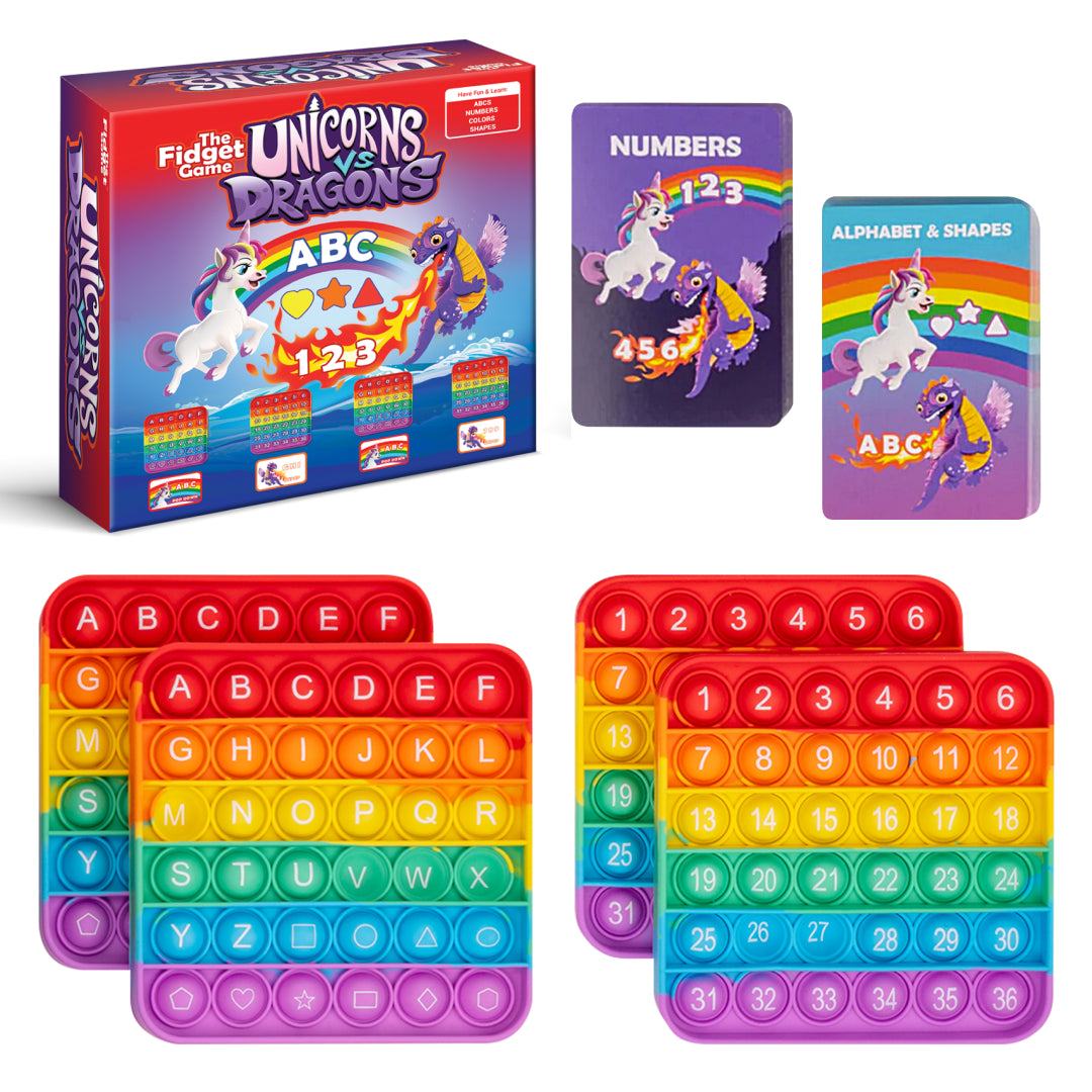 Unicorns vs Dragons learning fidget game set with ABC and number pop-it mats