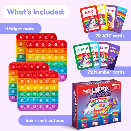 Colorful pop-it fidget mats and ABC and number card decks with box and instructions