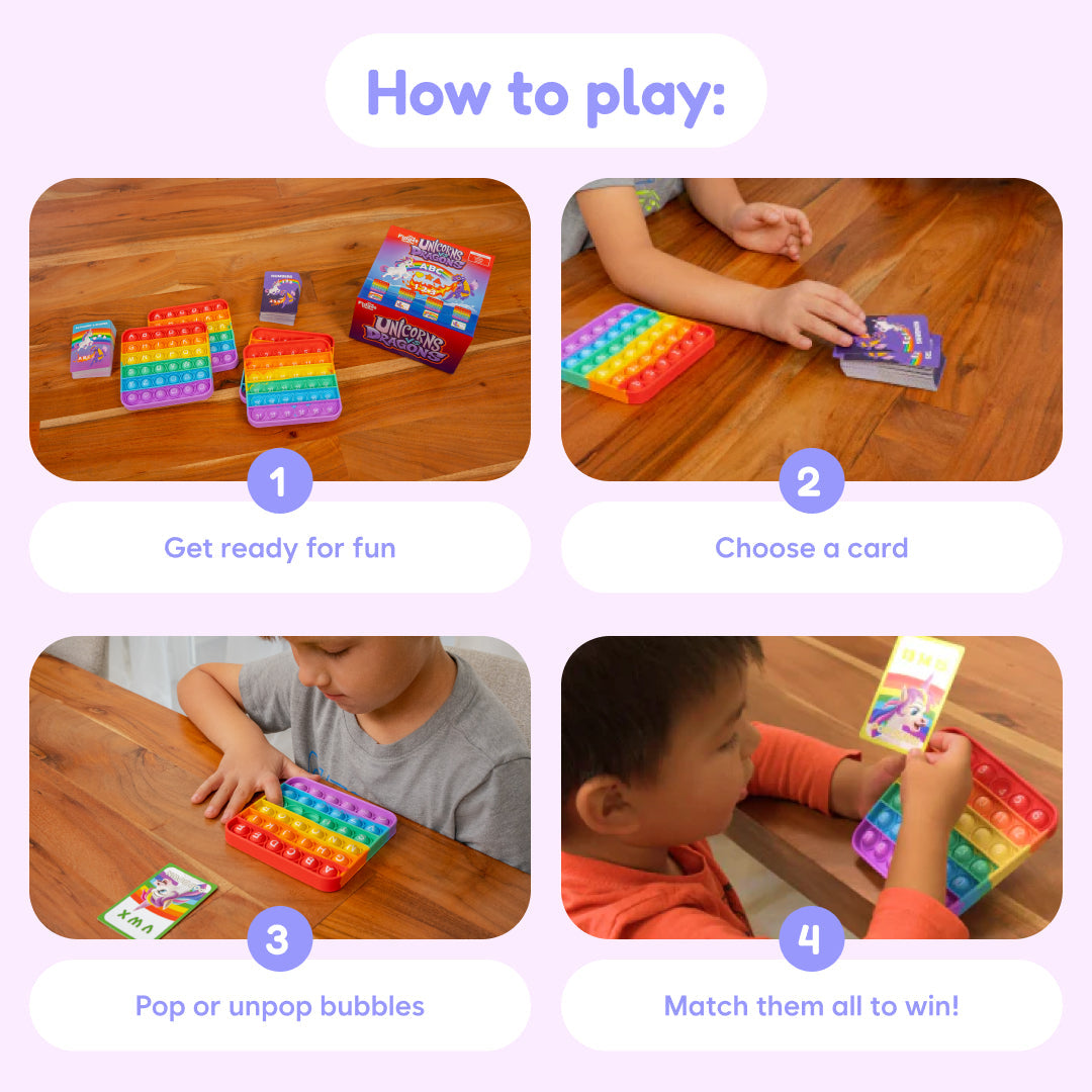 Unicorns vs Dragons game play with hands popping bubbles on a rainbow pop-it mat
