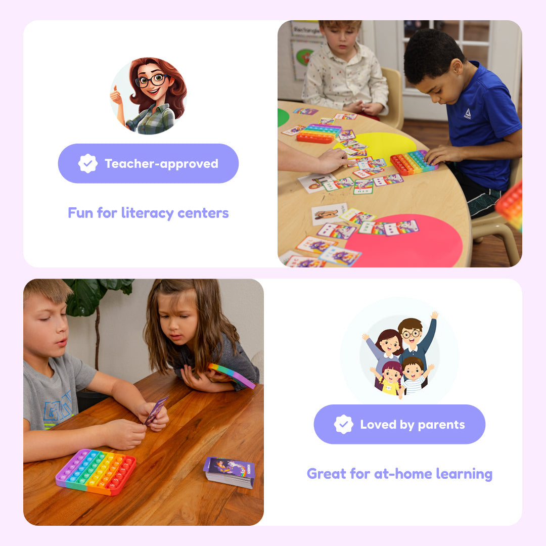 Unicorns vs Dragons learning game with children using pop-it mats and instruction cards