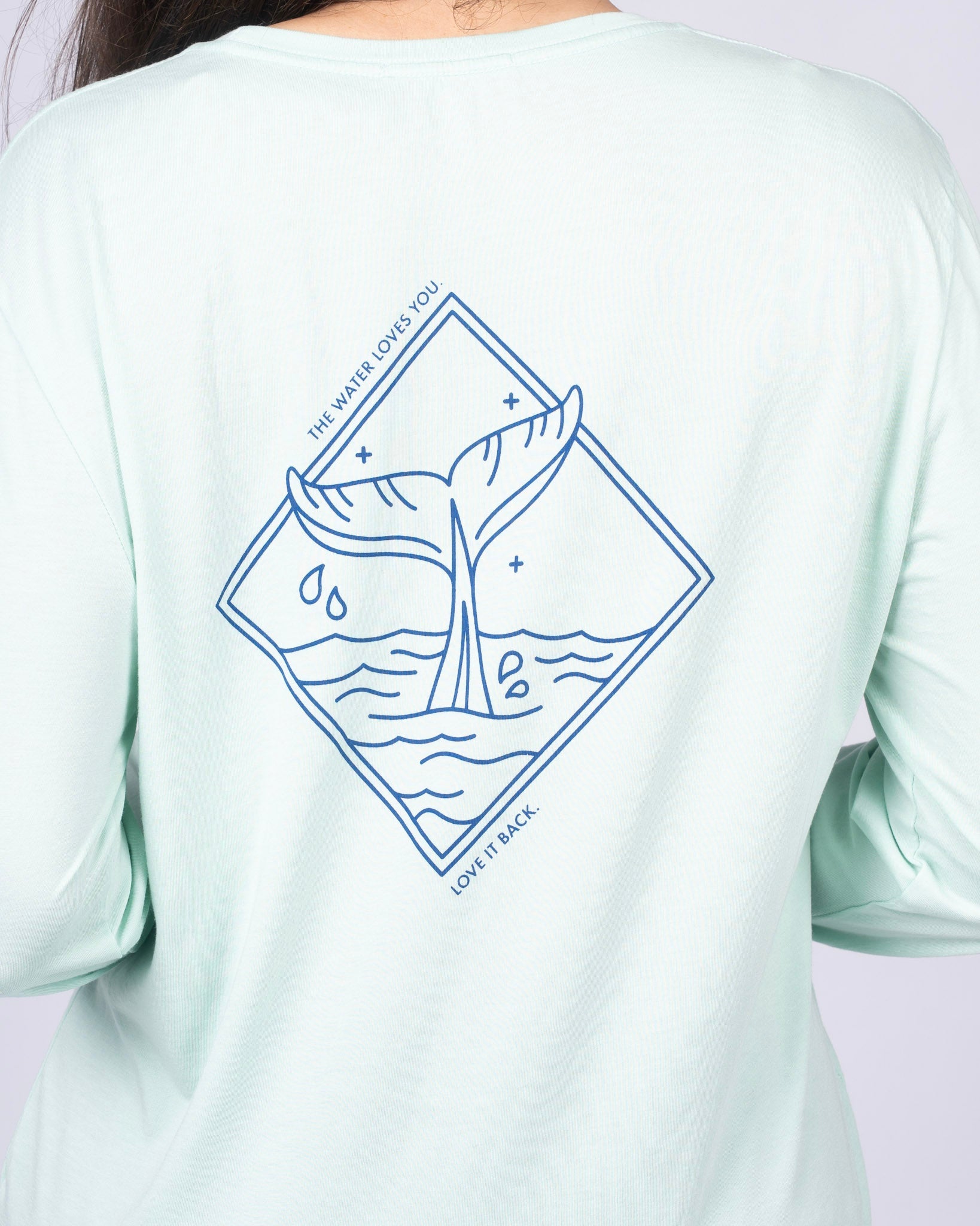 Mint unisex long-sleeve T-shirt with large blue whale back graphic