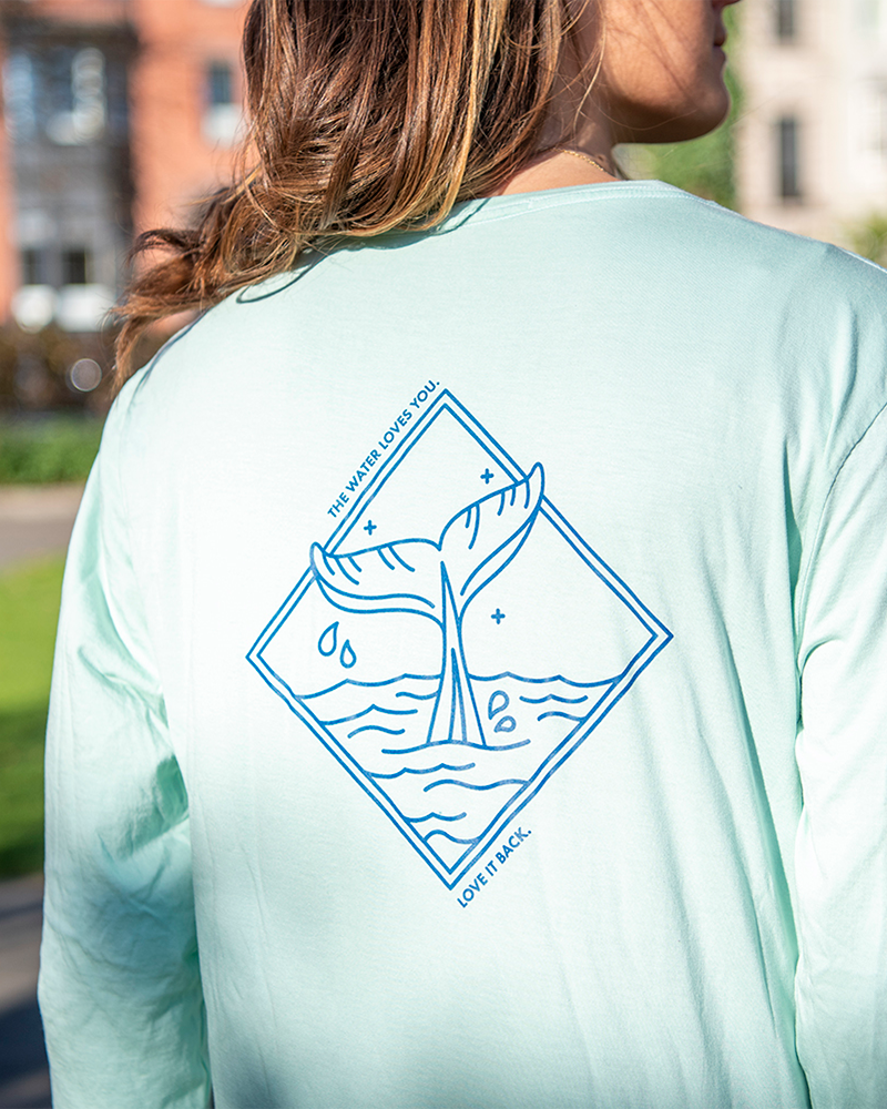 Mint unisex long-sleeve T-shirt with blue whale back graphic