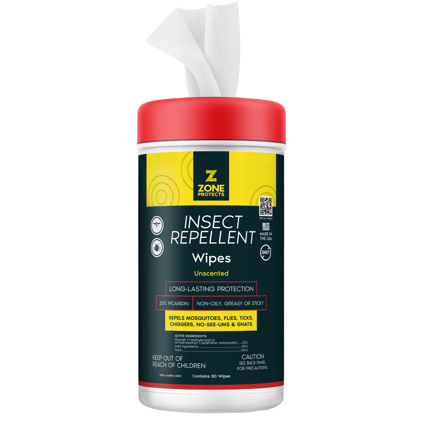 Picaridin insect repellent wipes container with red cap and yellow label