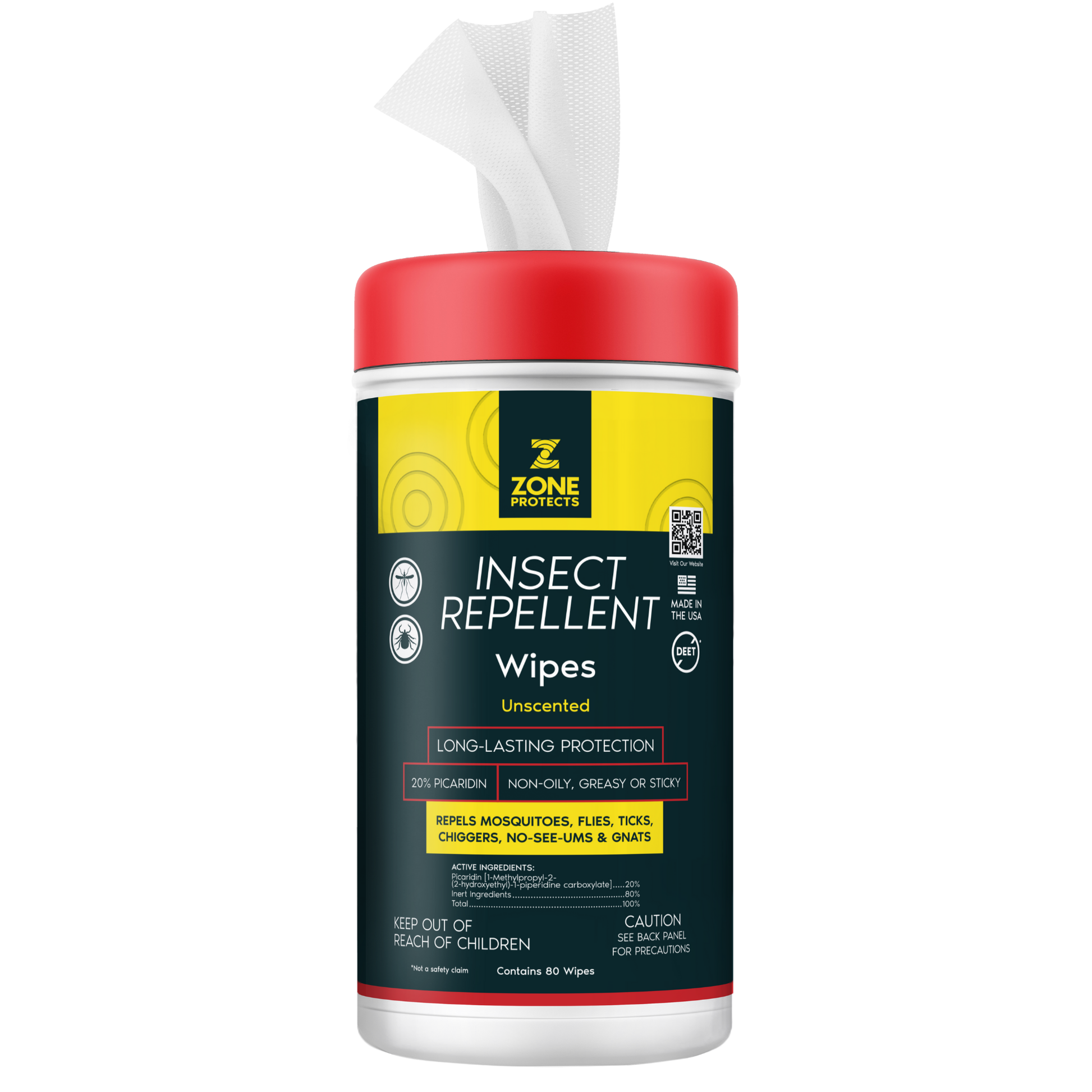 Picaridin insect repellent wipes container with red cap and yellow label