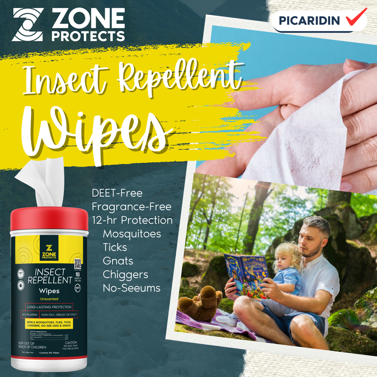 Insect repellent wipe held in hand with wipes bottle, red cap and yellow label
