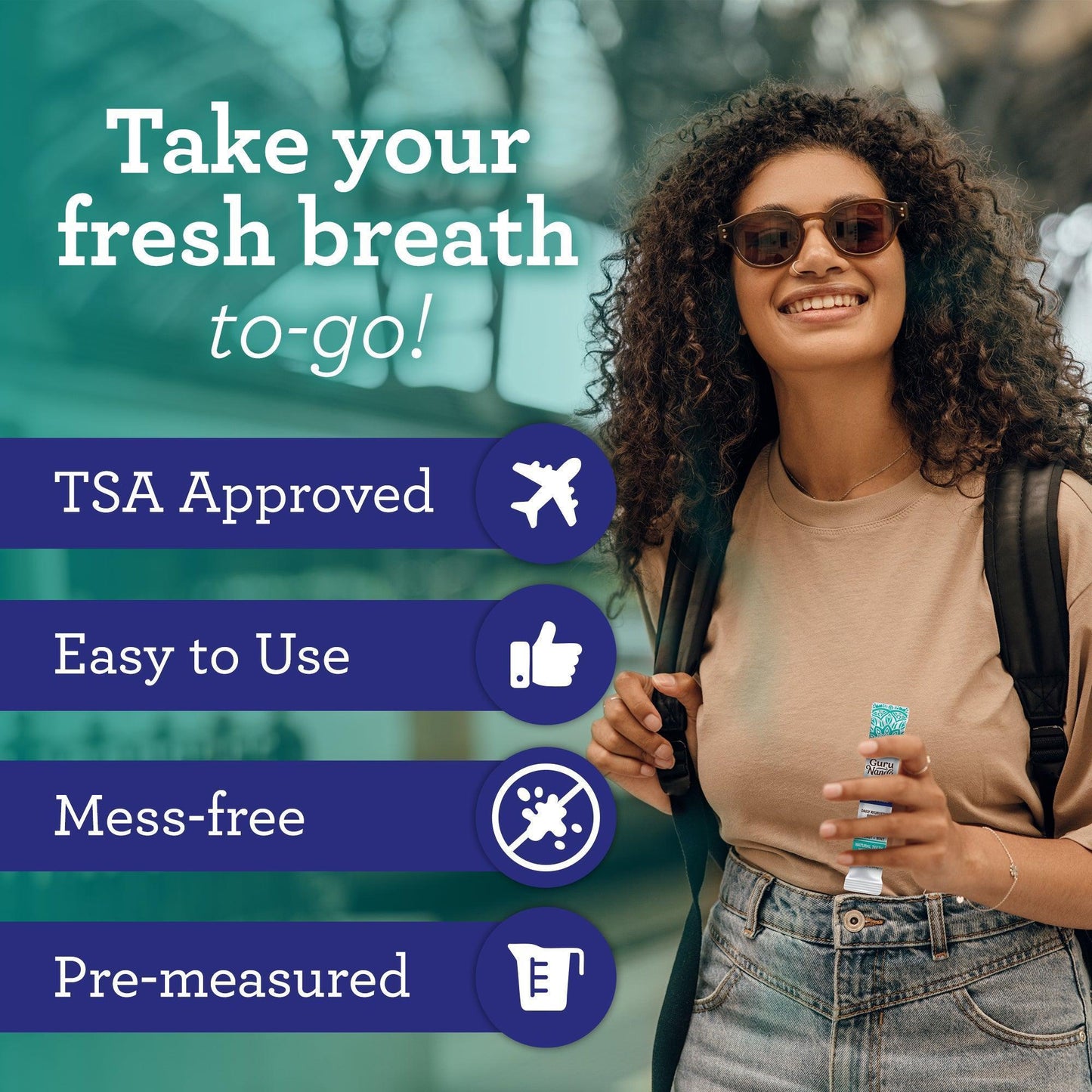 Oil pulling oral rinse sachets with travel-friendly badges, held by a smiling woman