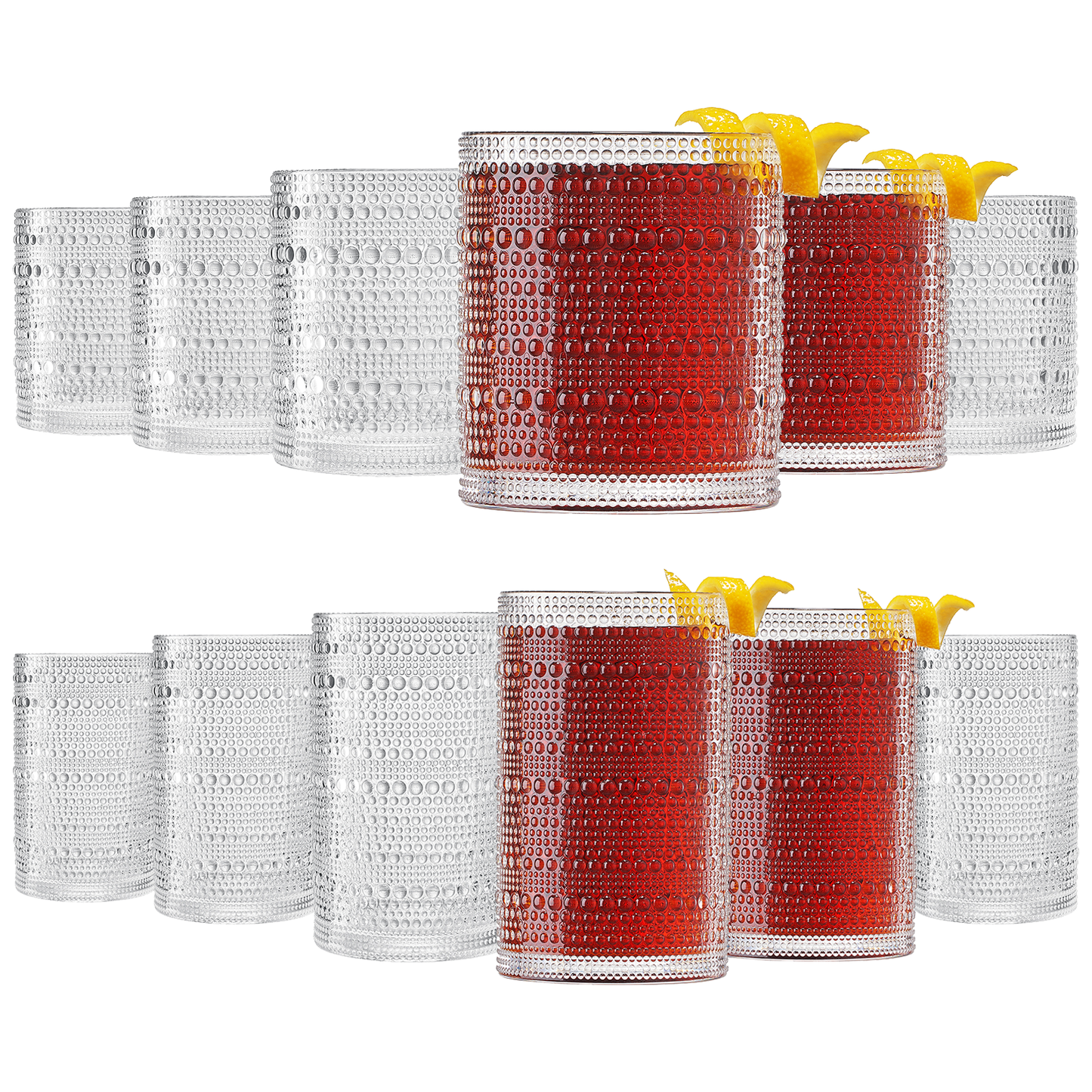Hobnail acrylic tumblers, clear and red, lowball and highball set of cups