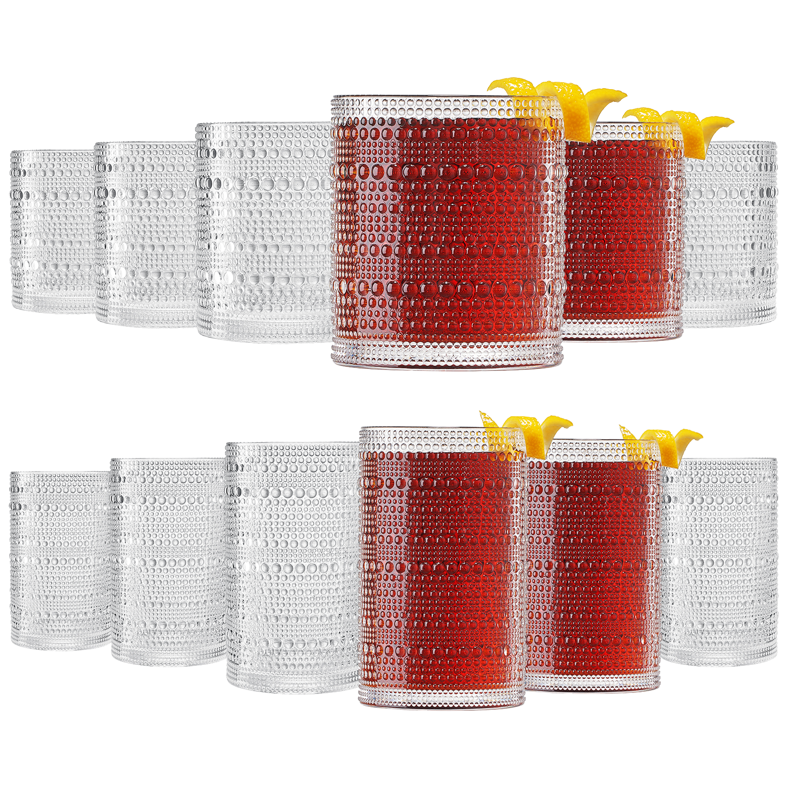 Hobnail acrylic tumblers, clear and red, lowball and highball set of cups