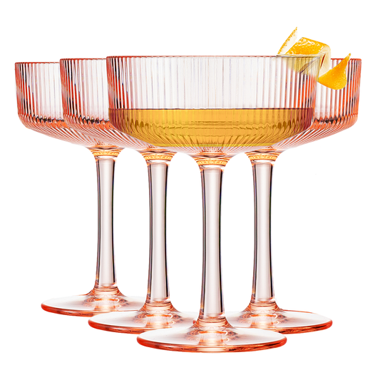 Set of 4 acrylic champagne coupe glasses with ribbed amber bowls and clear stems