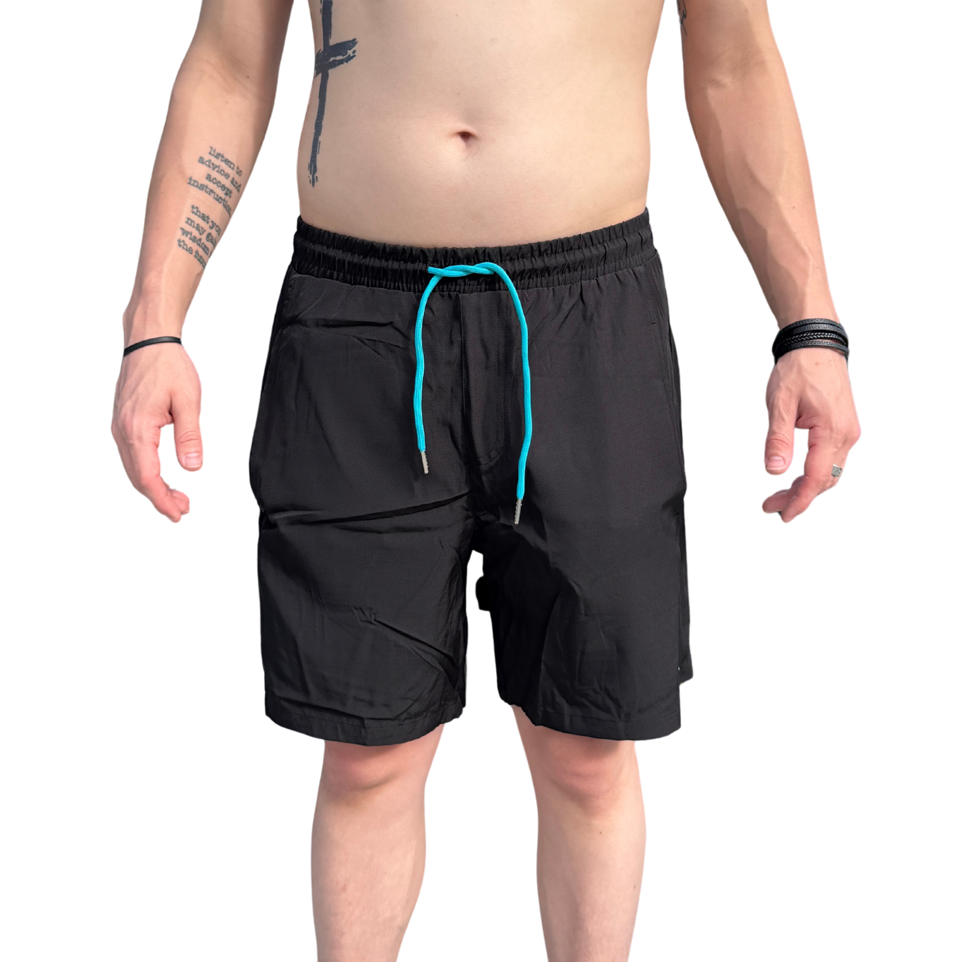 Black waterproof swim shorts with teal drawstring and side pockets.