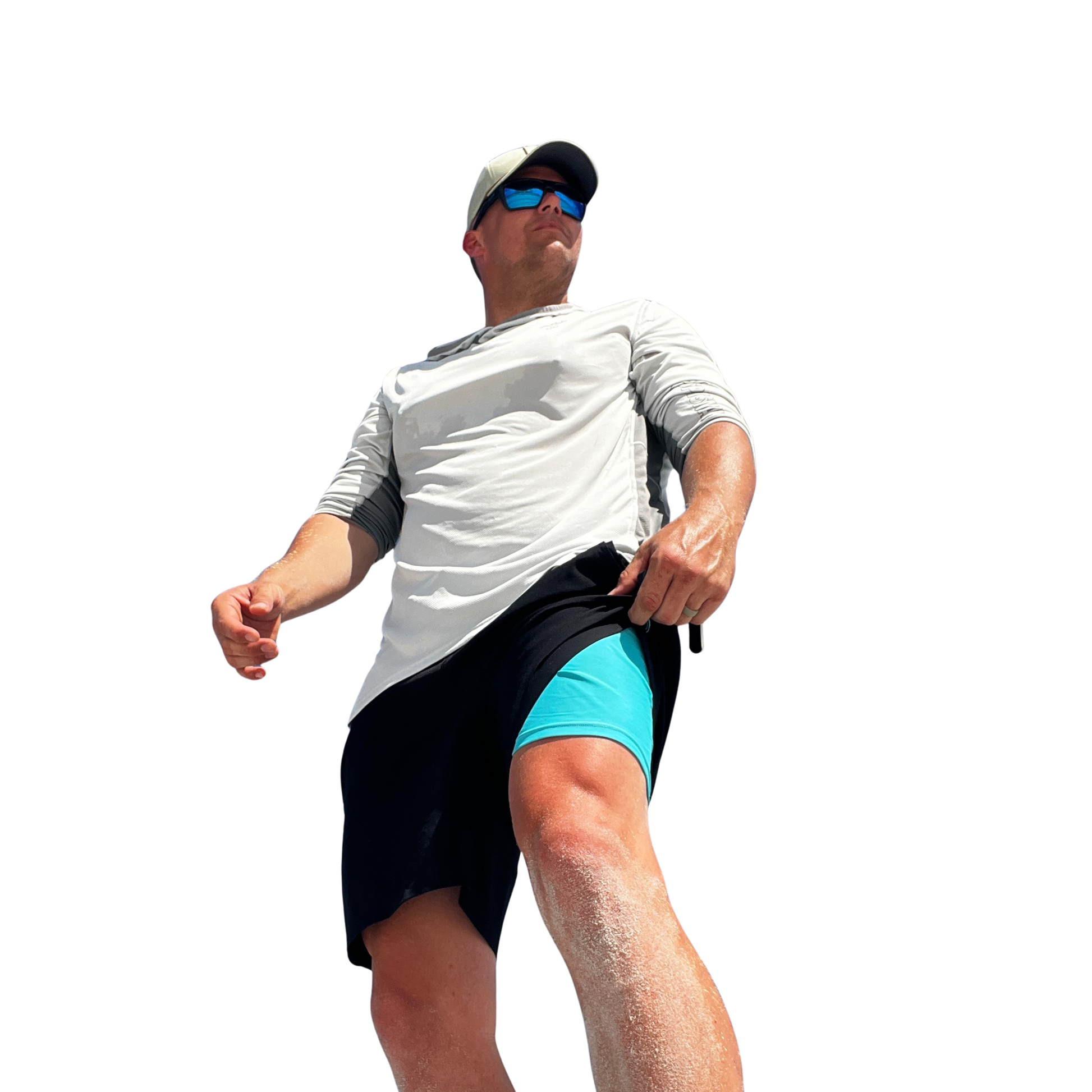 Black swim shorts with teal inner lining and elastic waistband.