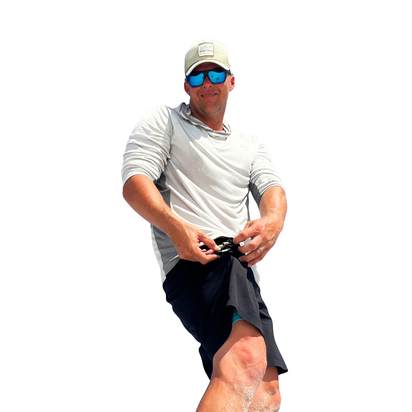 Black swim shorts with teal inner lining, pulled back to show hem.
