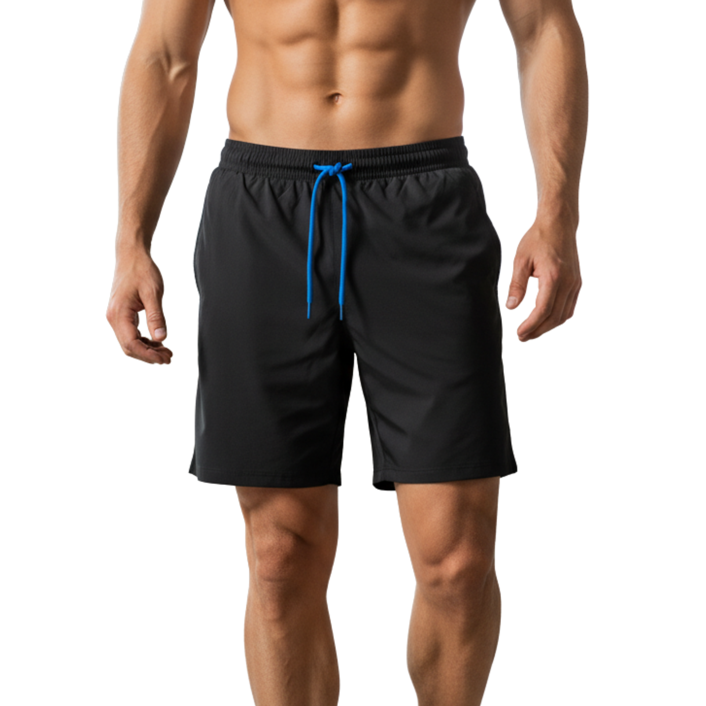 Black swim shorts with blue drawstring and elastic waistband.