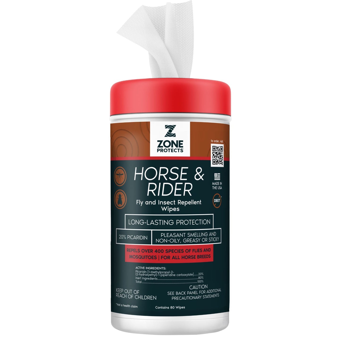 Fly and insect repellent wipes canister with red cap and white dispenser tissues