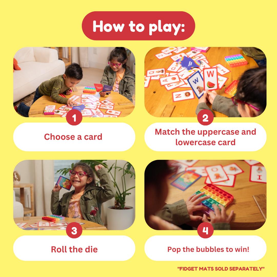 Letter-matching card game instructions with four step photos: choose, match, roll, pop bubbles
