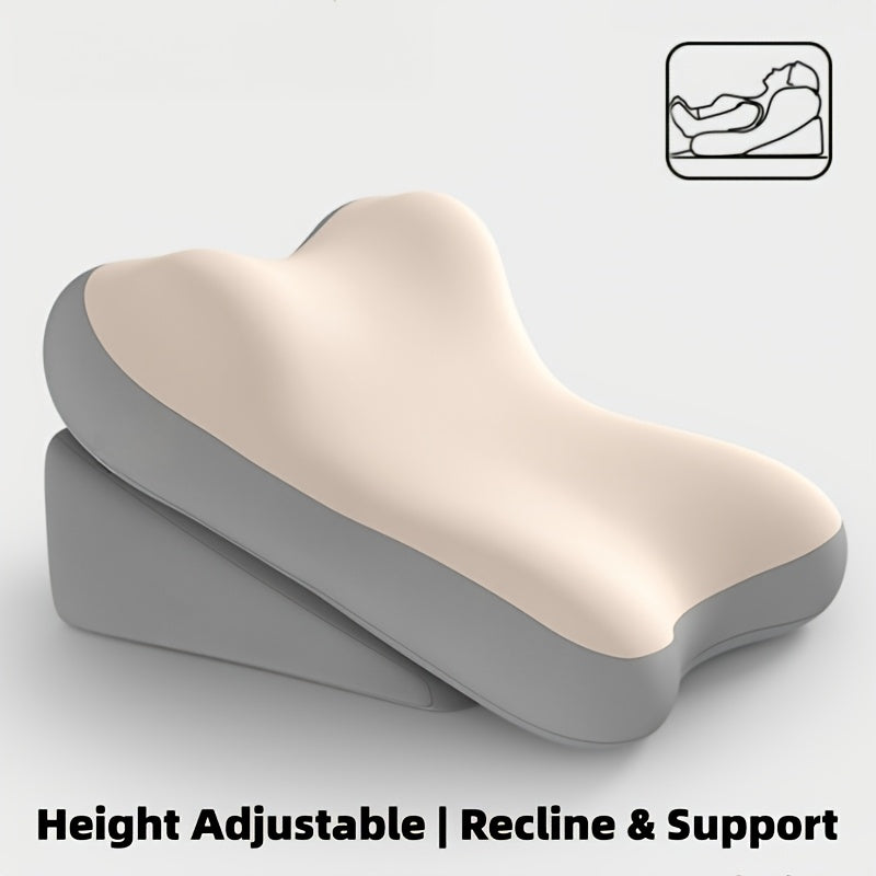 Height adjustable pillow with beige top and gray bottom on a light gray background