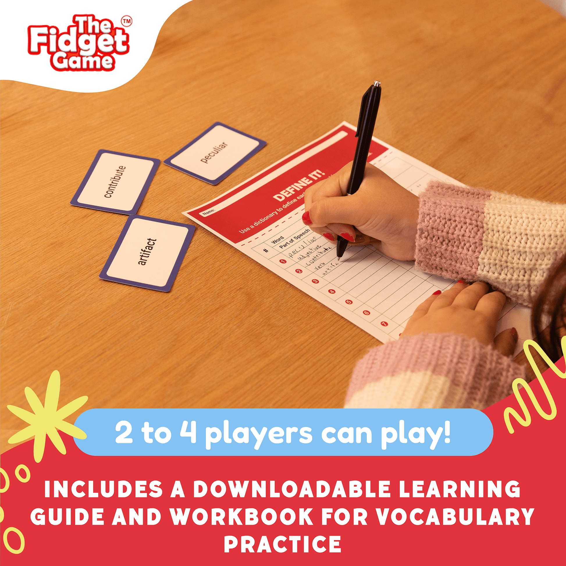 Vocabulary card game instruction sheet with word cards and a hand writing answers