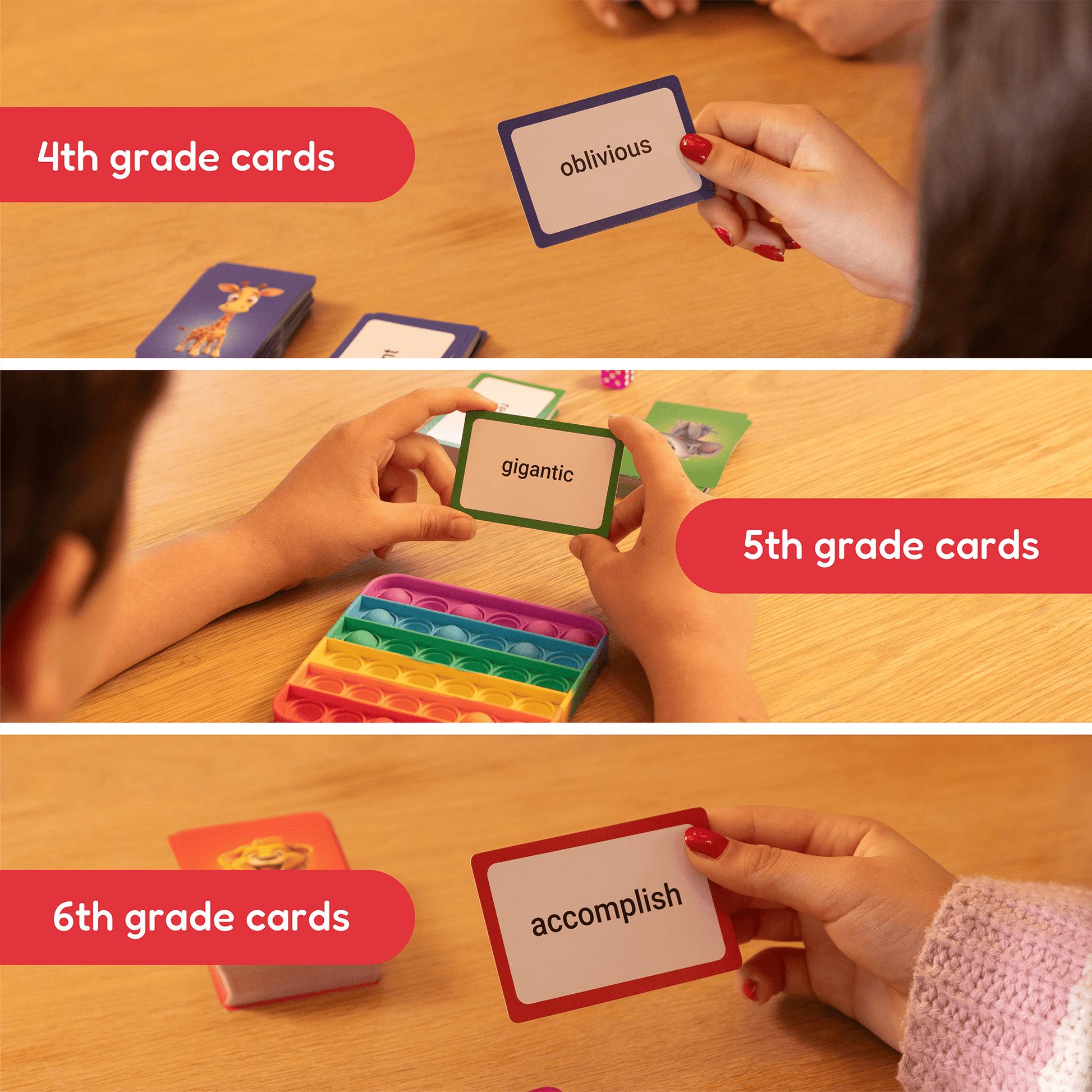 Vocabulary grade cards held in hands: 4th, 5th, and 6th grade word cards