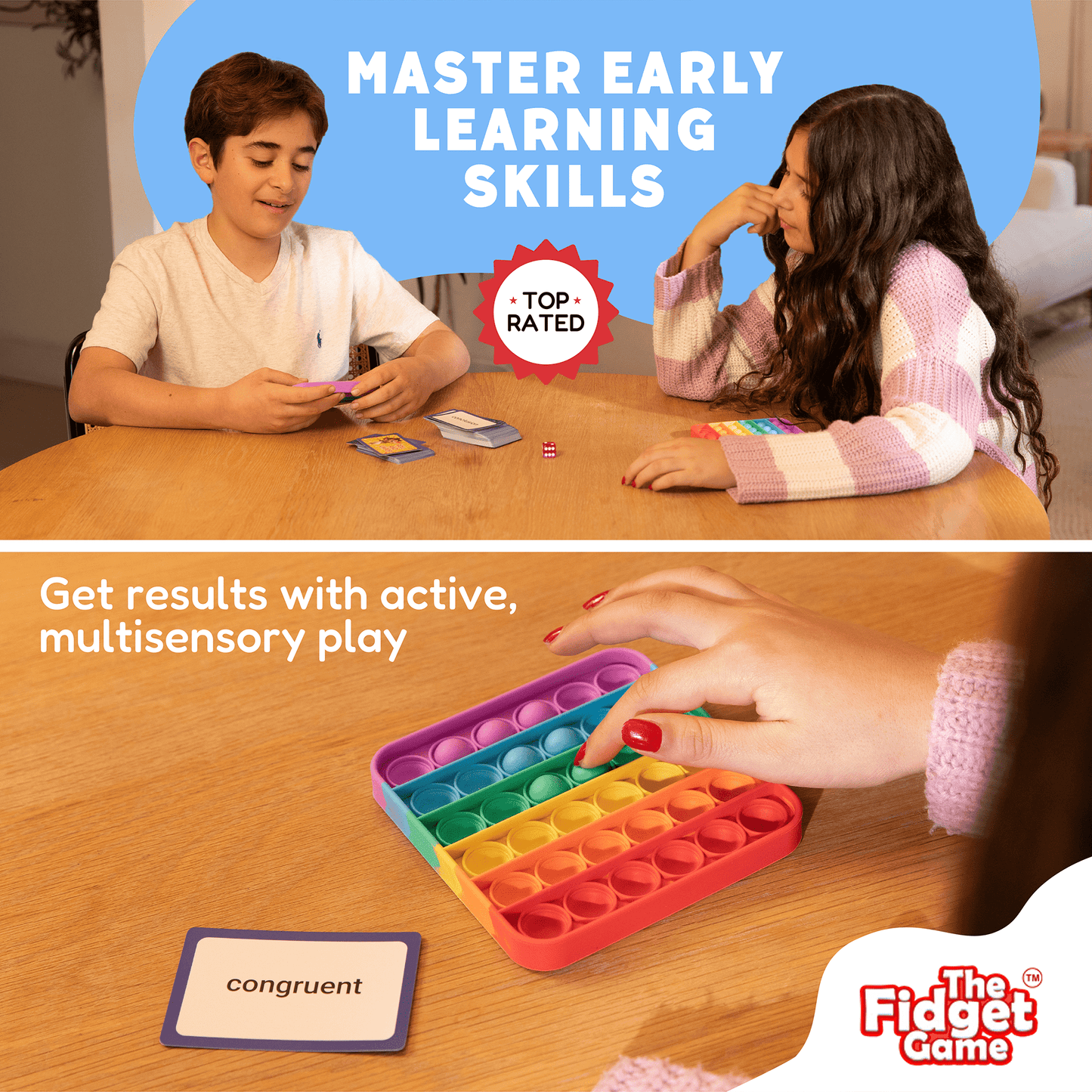 Vocabulary card game played with colorful pop-it tray on a table