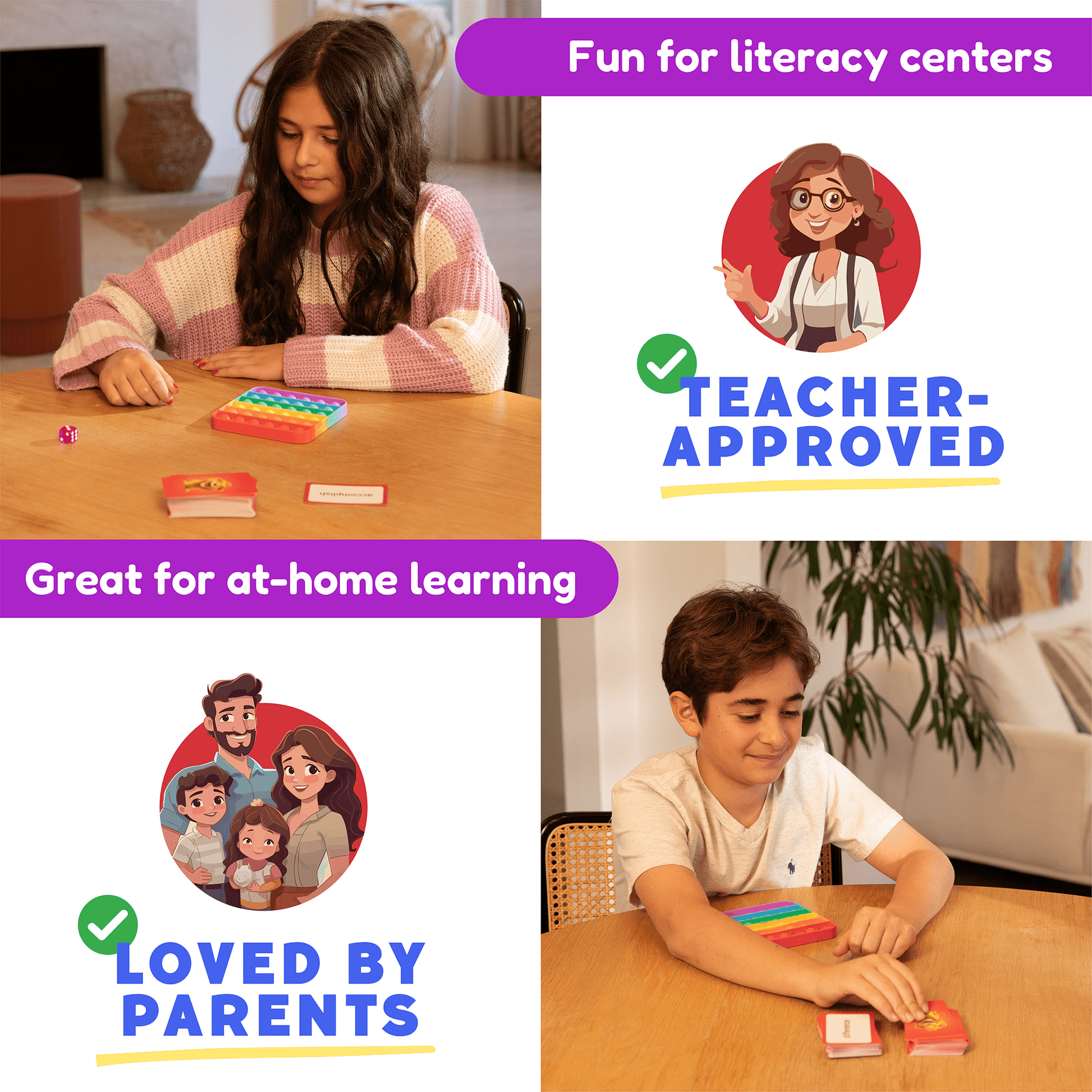 Vocabulary card game for literacy centers with hands playing at a table