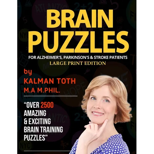 Large print puzzle book, paperback cover with yellow title text and woman portrait