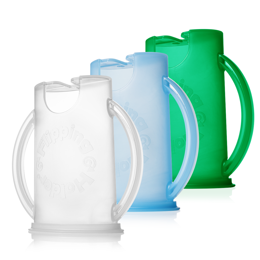 Flipping Holder 3 pack with white, light blue, and green plastic holders and flip handles