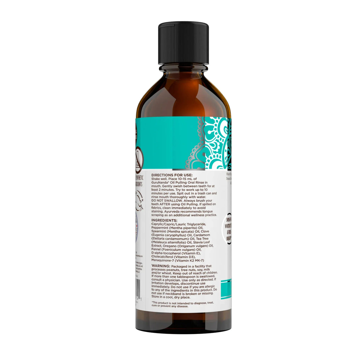 Brown glass oil pulling oral rinse bottle with black cap and printed ingredient directions