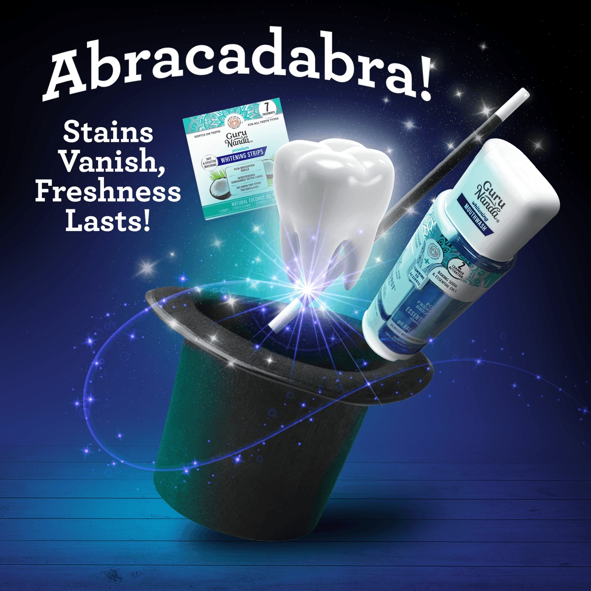 Guru Nanda Oxyburst mouthwash bottle beside tooth whitening icon