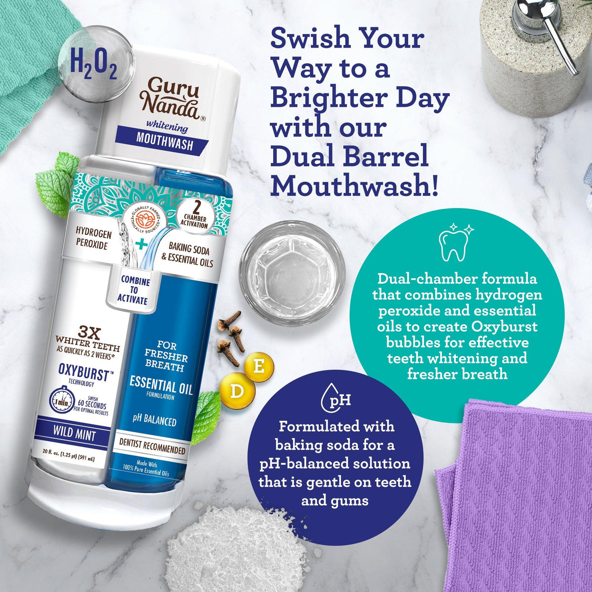 Guru Nanda dual-barrel mouthwash bottle with whitening strips box