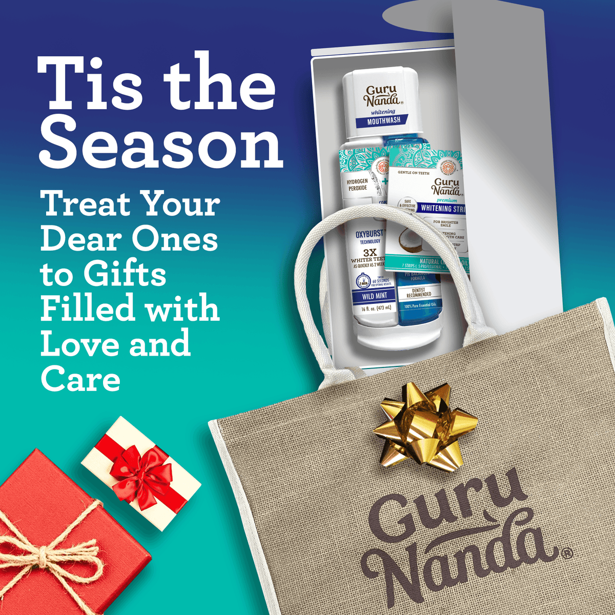 Guru Nanda whitening strips and mouthwash gift set with tote bag
