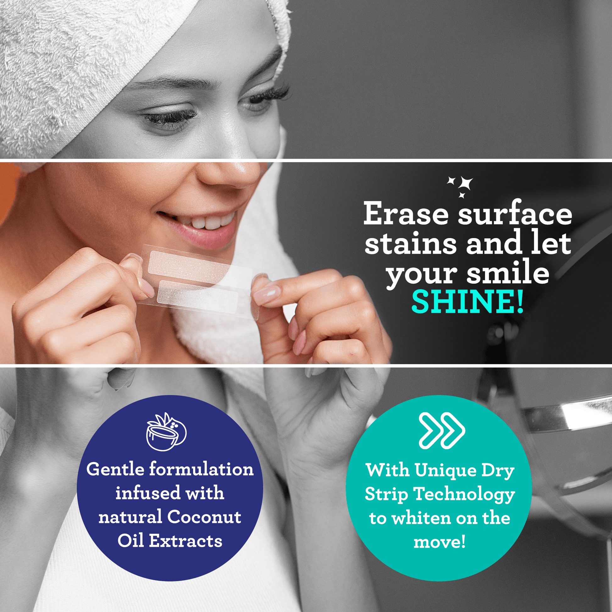 Whitening strip held on a tooth with Guru Nanda mouthwash and strips shown