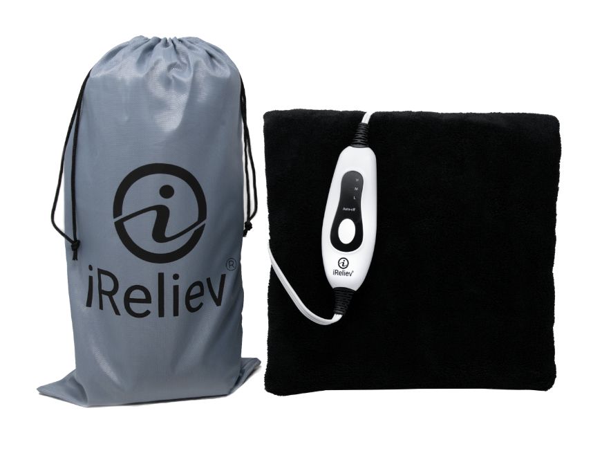Black weighted heating pad with detachable controller and gray travel bag