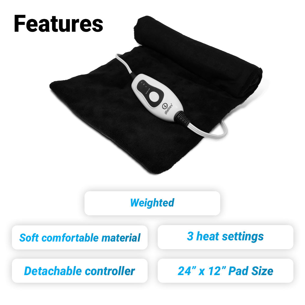 Black weighted heating pad with 3 heat settings, detachable controller, 24×12 in size