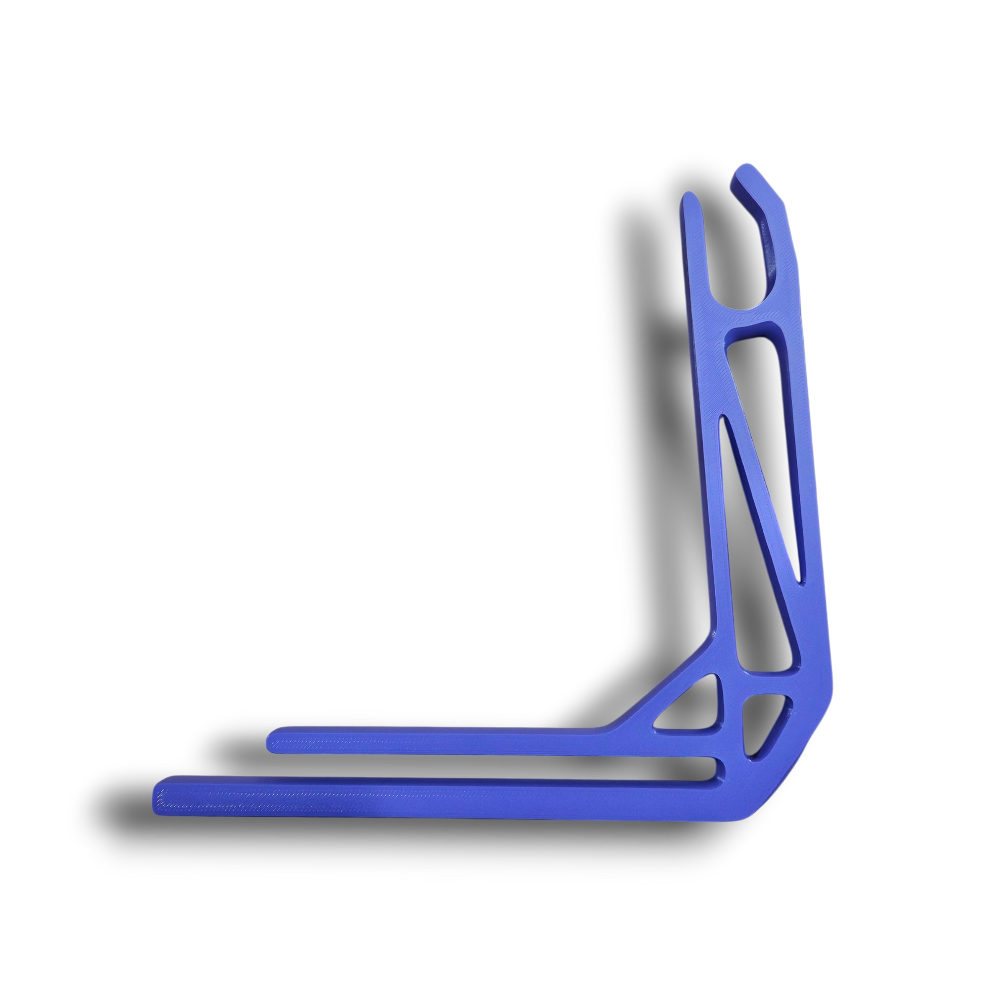 Wheelchair grocery bag hook in blue metal, curved hook with vertical support bar