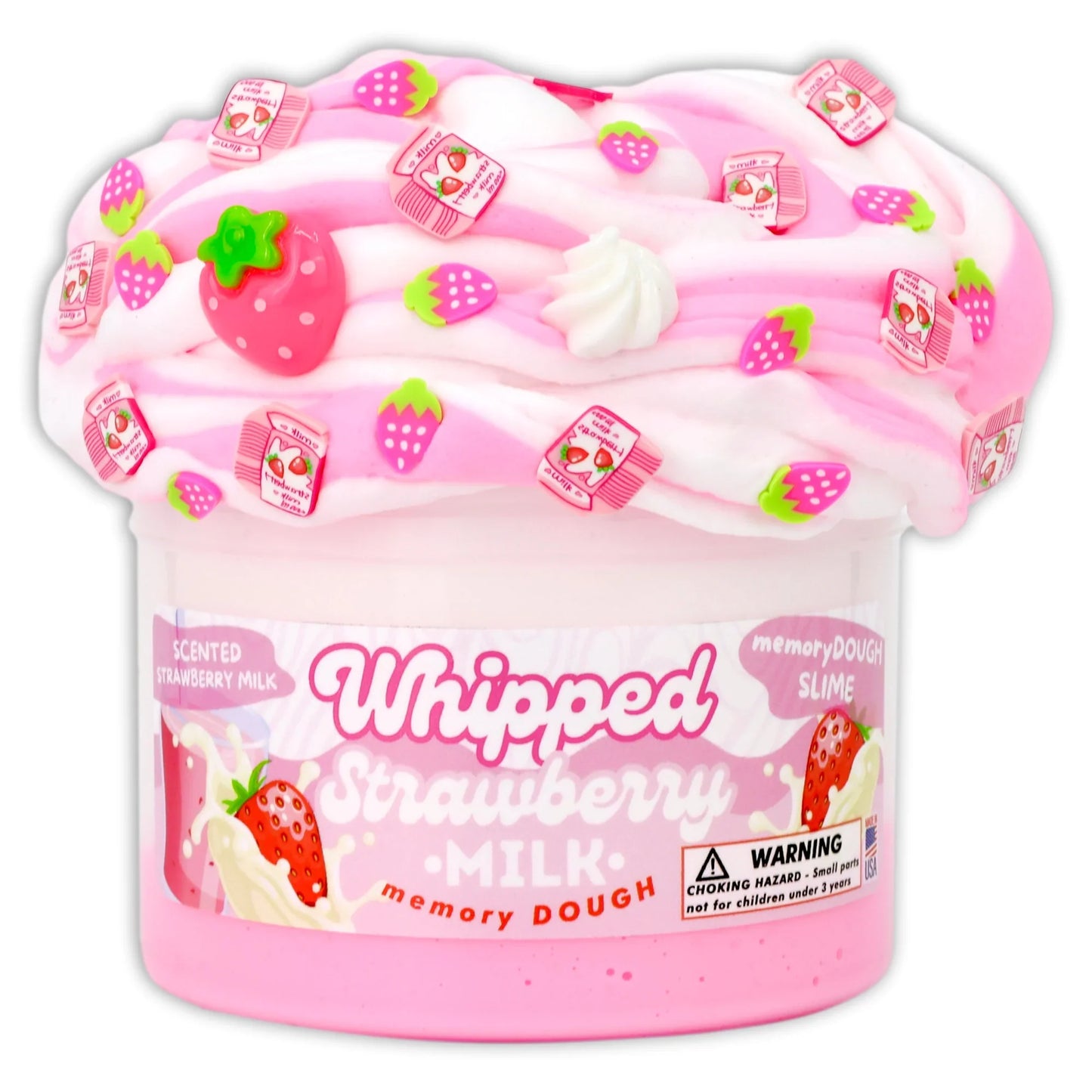 Whipped strawberry milk slime tub with pink-and-white whipped texture and strawberry charms
