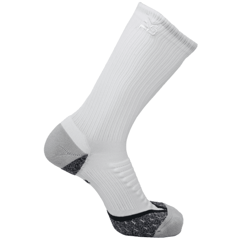 Crew compression socks, white with gray heel and toe, ribbed arch support band