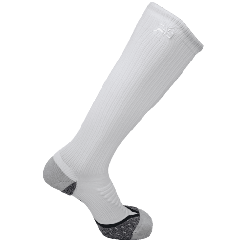 AMP leg compression socks, white with gray cushioned heel and toe, black accents